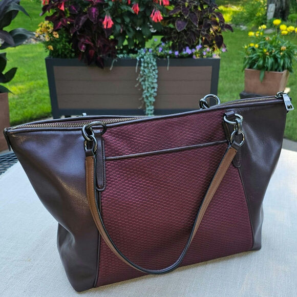 Coach Wine Burgandy Colored Satchel Tote Bag Leather and Cloth Medium Size - Picture 5 of 16